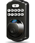Keyless Fingerprint Door Lock With Keypad Deadbolt In Matte Black angled view with numeric keypad and fingerprint scanner.