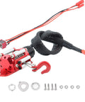 Rock Hard Red 1:10 Rc Crawler Winch Metal Cable Puller with heavy duty CNC design, includes motor and accessories for SCX10 D90 trucks.