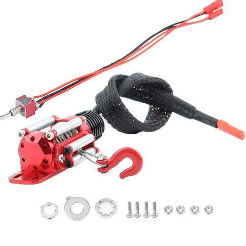 Rock Hard Red 1:10 Rc Crawler Winch Metal Cable Puller with heavy duty CNC design, includes motor and accessories for SCX10 D90 trucks.
