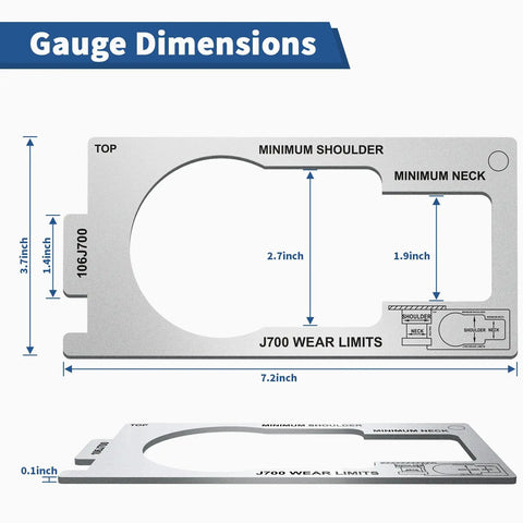 SAE J700 Compliant King Pin Gauge For Trailers Quick Three Step Wear Height And Squareness Check To Prevent Accidents Keep Your Rig Safe Durable Silver Tool For Precise Pin Measurements. silver aluminum gauge showing J700 wear limits and 7.2-inch dimensions