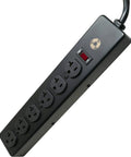Beefy All Metal Mountable Power Strip With 6 NEMA 5-20 Receptacles, 20 Amp Capacity, black, angled view showing outlets and switch