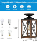 Rustic Farmhouse Flush Mount Ceiling Light With Metal Frame And Wood Grain Finish, Industrial Square Cage Design, E26 Base.