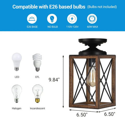 Rustic Farmhouse Flush Mount Ceiling Light With Metal Frame And Wood Grain Finish, Industrial Square Cage Design, E26 Base.
