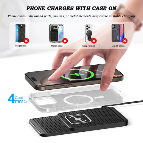 Top Shelf Wireless Charging Pad For Omoda C5 E5 Electric Car Dash And Center Console Mat 20W Fast Charge, showing phone charging on mat.