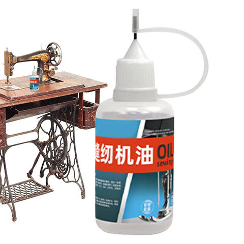 Industrial Grade High Temperature Sewing Machine Lubricant With Lightweight Formula bottle beside vintage sewing machine