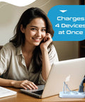 Woman using Must Have All In One Travel Power Strip With USB And Type C Port For World Travel, 3 Pin Grounded Surge Protector
