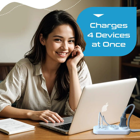 Woman using Must Have All In One Travel Power Strip With USB And Type C Port For World Travel, 3 Pin Grounded Surge Protector