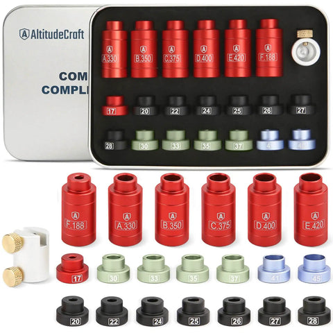 Bullet And Headspace Gauge Comparator Kit With 14 Inserts And 6 Bushings For Precise Reloading Across Calibers From .17 To .45 In A Sturdy Tin Box