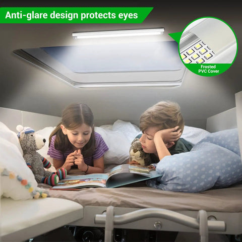 Children reading under 12V LED Interior Light Bar For Trailers And RVs, Ultra Bright 168 LEDs, 15.4 Inch Strip, 1700LM, 10W