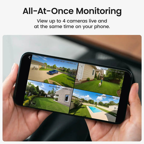 Hands holding phone displaying 4-camera view from Solar Security Cameras Wireless Outdoor Kit With 2 Minute Easy DIY Install No Subscription Required Local Storage 2K Color Night Vision 2.4GHz And 5GHz WiFi 4 Camera System For Home Security.