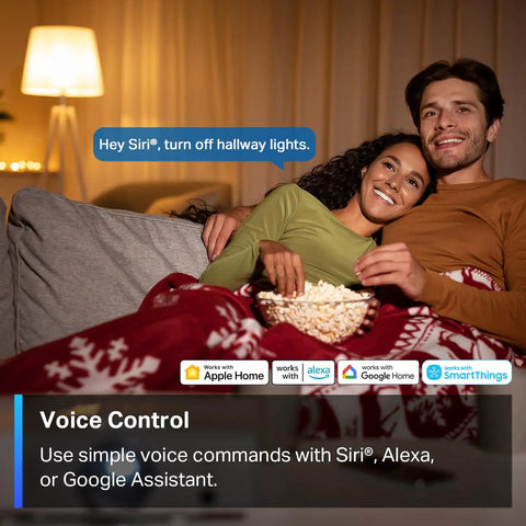 Couple on sofa using Matter Smart Light Switch With Voice Control For Siri Alexa And Google Home Two Pack No Fuss Setup.