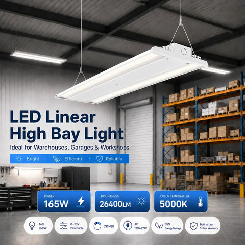 Top Shelf 165 Watt Led Linear High Bay Light 2 Foot Shop Fixture 5000K Daylight 26400 Lumens 0 10V Smooth Operator Dimmable Garage Warehouse Workshop Lighting UL Certified No Sweat Power Draw in bright workshop setting.