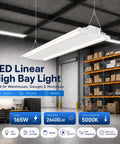 Rock Solid Heavy Duty 165W LED Linear High Bay Shop Light in warehouse setting, providing 26400 lumens at 5000K brightness.