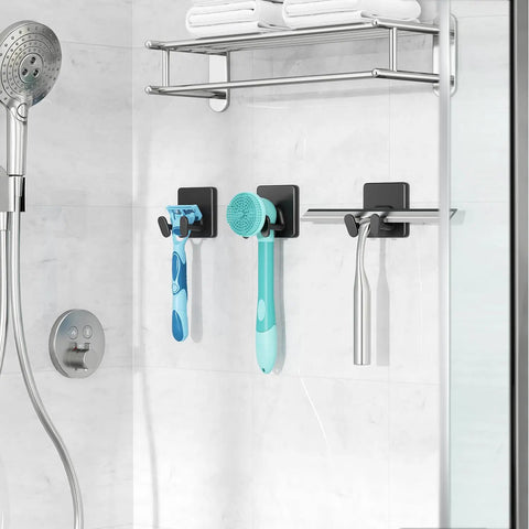 No Fuss Adhesive Shower Hooks Heavy Duty Stainless Steel Wall Mounted Double Hanger In Matte Black With Extra Sticky And Tough As Nails Grip For Razors Loofahs 4 Pack