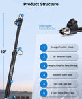 12 Inch Dual Head Tire Pressure Gauge With Extended Tube For Semi Truck RV Car And Motorcycle, Beefy Heavy Duty Tire Gauge Range 10 to 150 PSI, 1 to 10 Bar, Straight On and 30 Degree Air Chuck For Hard To Reach Valves, Long Reach Built Tough, dual-head brass core