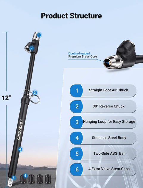12 Inch Dual Head Tire Pressure Gauge With Extended Tube For Semi Truck RV Car And Motorcycle, Beefy Heavy Duty Tire Gauge Range 10 to 150 PSI, 1 to 10 Bar, Straight On and 30 Degree Air Chuck For Hard To Reach Valves, Long Reach Built Tough, dual-head brass core