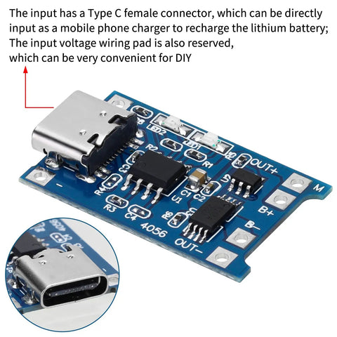 TP4056 Lithium Battery Charging Module And Protection Board With Type C Input 15 Pack, 5V input, compact size.