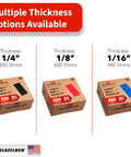 High Impact Plastic Flat Shims Leveling Spacers One Eighth Inch Thick Bulk Case 300 Pieces displayed with various thickness options.