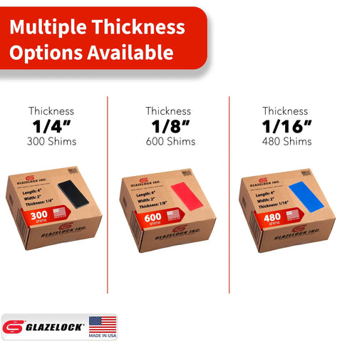 High Impact Plastic Flat Shims Leveling Spacers One Eighth Inch Thick Bulk Case 300 Pieces displayed with various thickness options.