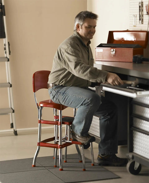 Man using Stylaire Retro Chair And 2 Step Stool With Pull Out Steps For Extra Height, 7 Ft 11 In Max Reach, 200 Lb Capacity, Steel And Vinyl Red