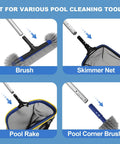 Deluxe Five-In-One Pool Cleaning Kit with brush, skimmer net, rake, corner brush attachments, ideal for various cleaning tasks