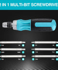 Ratcheting Screwdriver 12-In-1 Kit With Quick-Load Bits and S2 Steel, shown with detachable bits including Phillips, Torx.