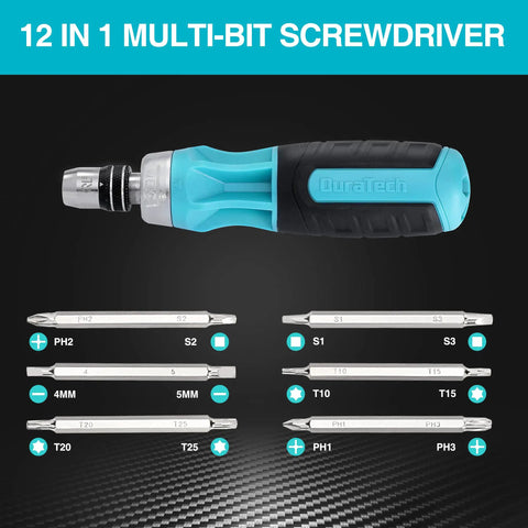 Ratcheting Screwdriver 12-In-1 Kit With Quick-Load Bits and S2 Steel, shown with detachable bits including Phillips, Torx.
