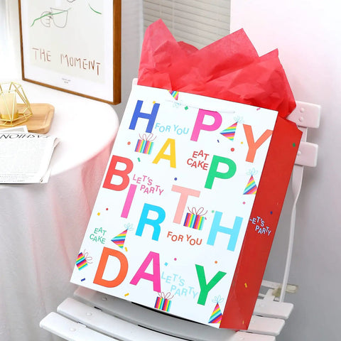 Birthday Gift Bag Set With Handle And Tissue Paper, 12 Pack Assorted Sizes And Designs, colorful gift bag with party motifs