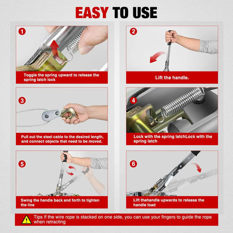 Instruction manual showing steps to use Heavy Duty Come Along Winch 5 Ton 10000 Lbs Hand Winch Tool With 10 Ft Rope Double Gear Three Hook Cable Puller.