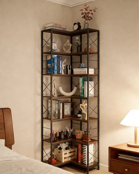 Tall Corner Bookshelf With Fourteen Shelves And Seven Tiers, Space Saving Corner Bookcase for living room, neat wall mounted look