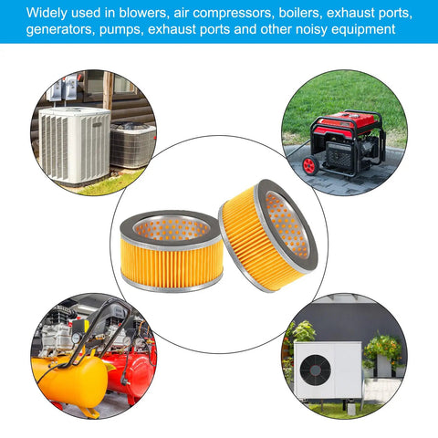 4.2 By 2 Inch Air Compressor Intake Paper Filter 4 Pack shown in use with air compressors and generators to reduce noise and dust
