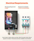 Electrical requirements for Instant Tankless Electric Water Heater 14 Kilowatt 240 Volt circuit with wiring details.