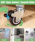 Close-up of 1 Inch Small Caster Wheels Set of 4 with L Bracket on wood floor showing 360° swivel and brake feature.