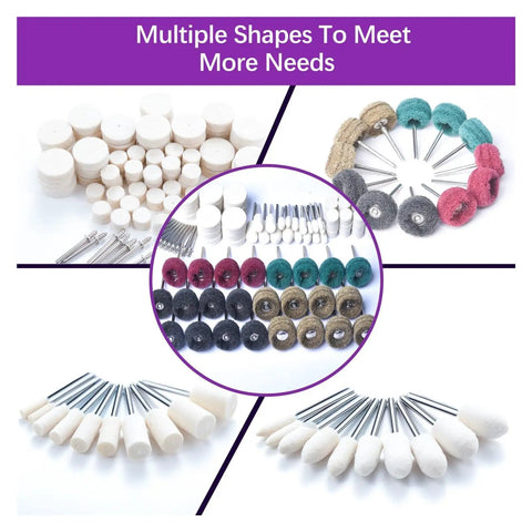 Get Gassed With This Insane 120 PCS Polishing Kit For Your Rotary Tool That Includes Abrasive Buffing Wheels And 1/8 Inch Shank Bits To Make Anything Look Fresh And Totally Clean In A Jiffy! Various abrasive buffing wheels and shank bits arranged in multiple shapes.