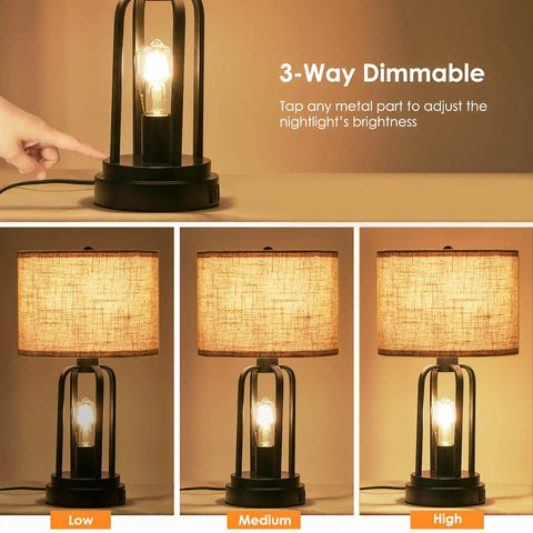 Farmhouse End Table Lamps Set Of 2 With Touch Control And 3 Way Dimmable Night Light USB Port Dual Bulbs, Matte Black, Dimmer Display