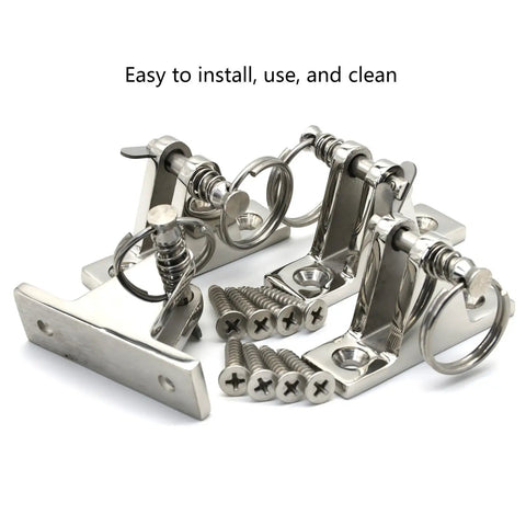 Beefy Built Marine Bimini Top Deck Hinge With Quick Release Pin And Ring 316 Stainless Steel Rust Resistant Easy Install Includes Installation Screws For Saltwater Boats showing stainless hinges and screws.