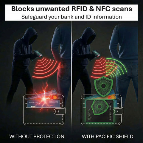 Comparison of RFID Blocking Card 2 Pack For Wallet Defense And Travel Safety Shield with and without protection against NFC signals
