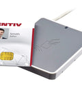 Utrust 3700 F Contactless Smart Card Reader With NFC Capability shown with ID-1 smart card for secure access