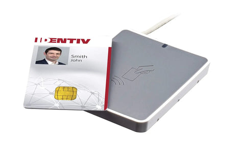 Utrust 3700 F Contactless Smart Card Reader With NFC Capability shown with ID-1 smart card for secure access