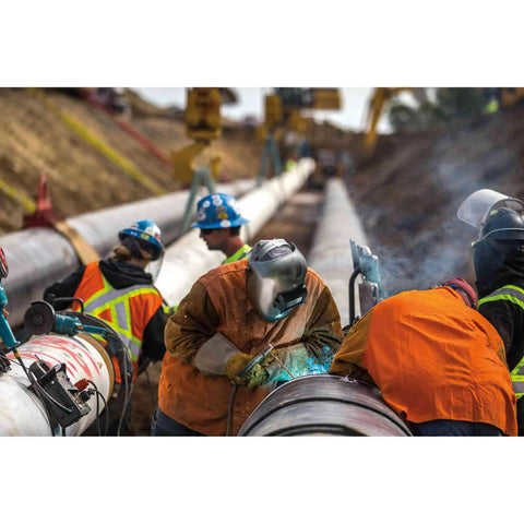 Workers using PL280 Pipeline Welding Helmet Shade 10 Flip Front Hood Built For Tight Spots ANSI Z87.1 Made In USA Compact Bucket Style