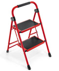 Red Two Step Folding Ladder With Wide Anti Slip Pedals And Handrails, Lightweight Portable Kitchen Stool with easy fold design