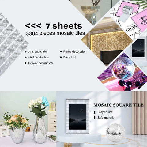 Display of Dope Self Adhesive Glass Mirror Tile Set With 3304 Silver 5x5 Mm Pieces for mosaic and disco ball projects.