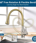 360° Swivel Kitchen Faucet, Pull Down Silicone Faucet with Reinforced Hose, Thickened Integrated Leak-Proof Base, Stainless Steel Single Handle Faucet for Kitchen, RV, Laundry & Outdoor (Gold) showing flexible bending and rotation.