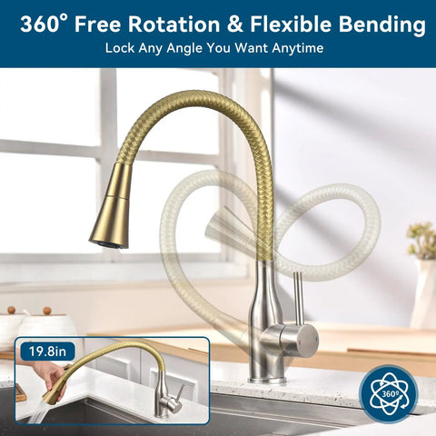 360° Swivel Kitchen Faucet, Pull Down Silicone Faucet with Reinforced Hose, Thickened Integrated Leak-Proof Base, Stainless Steel Single Handle Faucet for Kitchen, RV, Laundry & Outdoor (Gold) showing flexible bending and rotation.