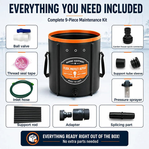 Complete 9-piece maintenance kit including heavy duty outboard motor flushing bag, valve, hoses, and connectors.