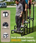 Heavy Duty Rv Entry Steps With Sturdy Handrail Four Step Camper Stairs For Travel Trailers Fifth Wheels And Mobile Homes No Fuss Setup, featuring four wide steps and a black steel frame.