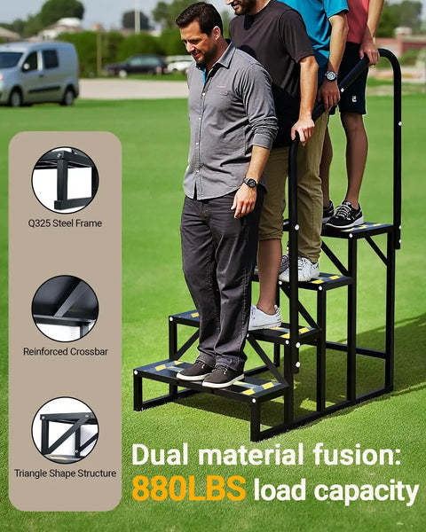 Heavy Duty Rv Entry Steps With Sturdy Handrail Four Step Camper Stairs For Travel Trailers Fifth Wheels And Mobile Homes No Fuss Setup, featuring four wide steps and a black steel frame.