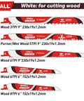 34 Piece Carbide Steel Reciprocating Saw Blade Kit For Tree Pruning And Everyday Wood Metal Plastic Drywall Cuts, displayed in sizing chart.