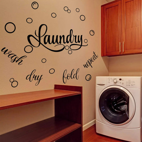 Laundry Room Wall Decal Set With Wash Dry Fold Repeat Bubble Stickers Funny Sign For Home Decor Easy Peel And Stick Removable Black Wall Art Large 19.7 By 30.7 Inches in a laundry room