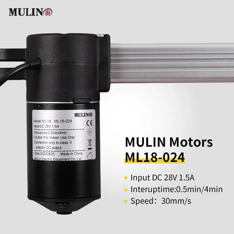 Close up of Heavy Duty ML18-024 Power Recliner Replacement Motor with label details and steel actuator for electric chairs.